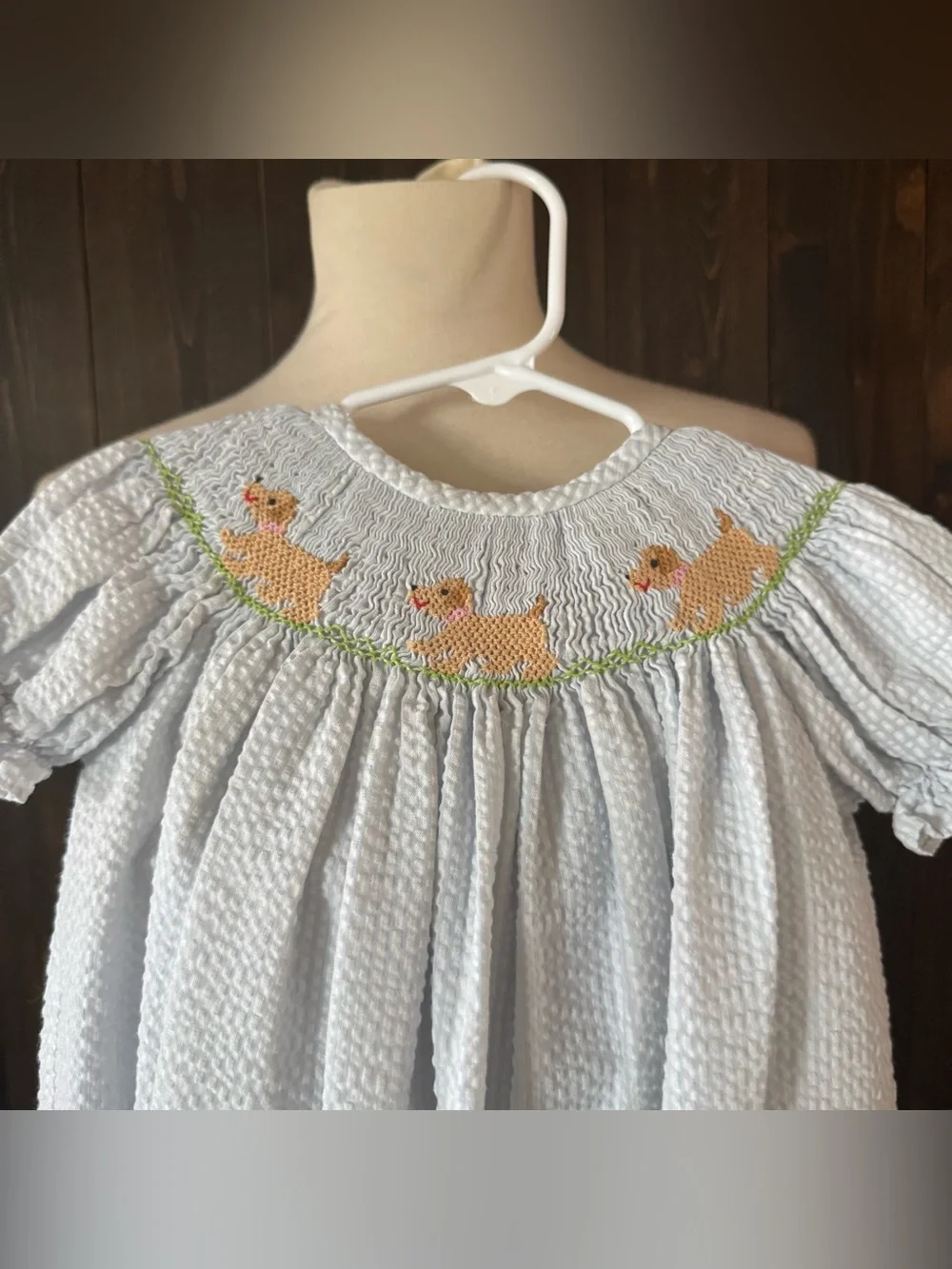 Stitchy Fish Puppy Dog Smocked Bubble Romper 18 Months Blue Gingham